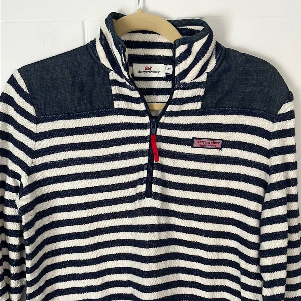 Vineyard Vines Navy and White Striped Quater-Zip Pullover